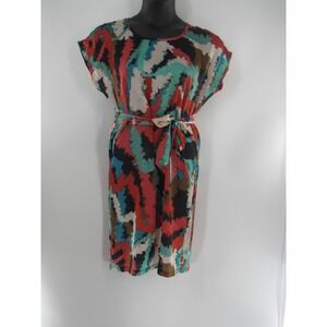 Cha Cha Vente Abstract Print Belted Midi Dress Women Medium Short Sleeve